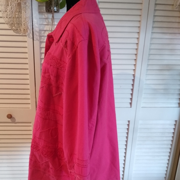 Coldwater Creek 2X Bright Pink Embroidered Button-Up Cotton Shirt Blouse - Picture 5 of 9